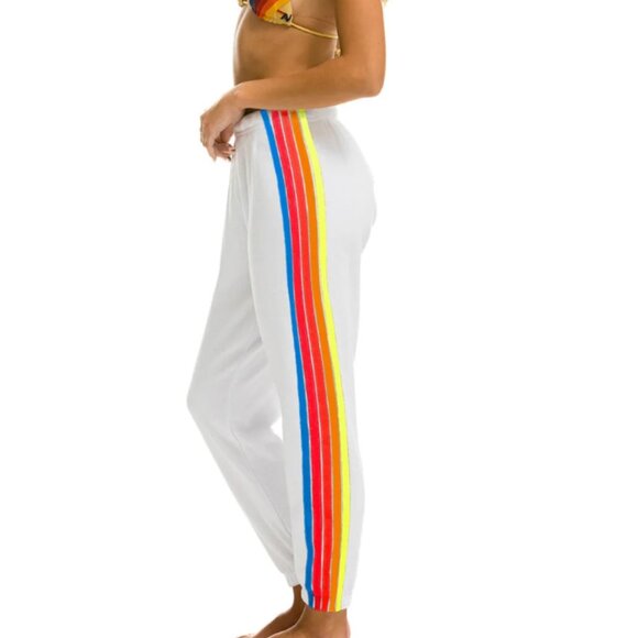 Aviator Nation Pants - Aviator Nation 5 STRIPE SWEATPANTS - WHITE // NEON RAINBOW STRIPES